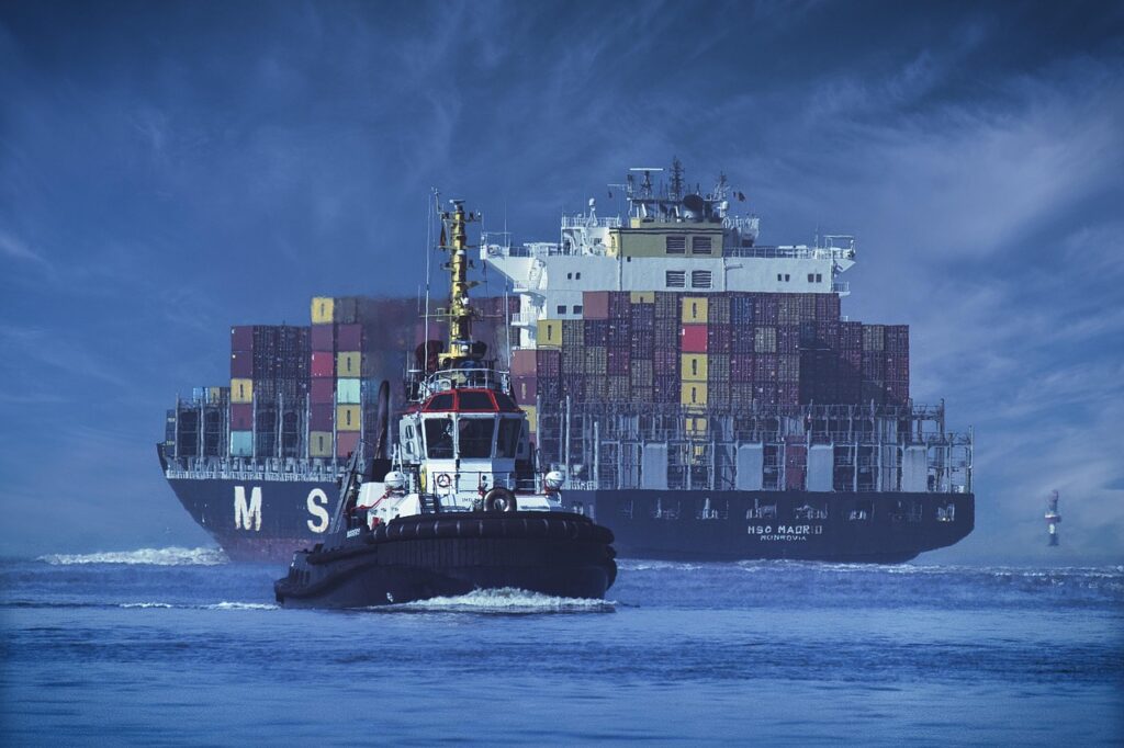 ship, container ship, tractor, sea, nature, seafaring, shipping, container, logistics, freight, automobile